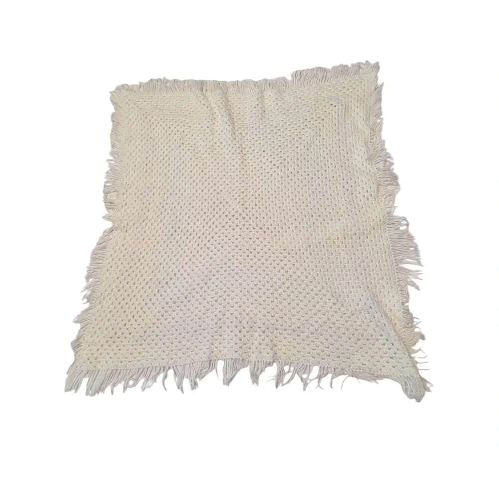 Handmade White Crochet Baby Blanket Fringe Trim Square Nursery Afghan 36x36